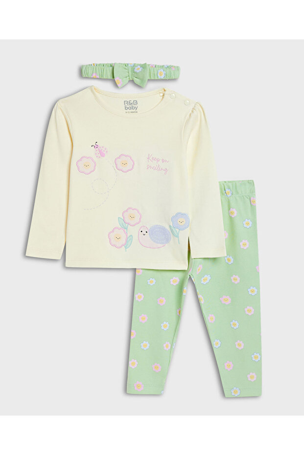 Embroidered Top and Pant Set with Headband