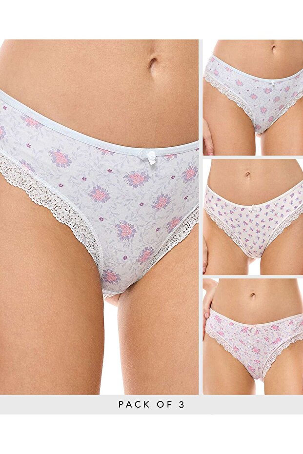 3 Pack Printed Lace Trim Brazilian Briefs