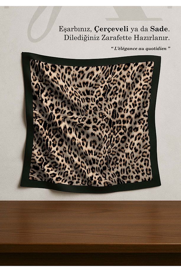 Leopar Desenli Saten Eşarp | Safari Beji Zemin | 90x90 - 100x100 cm | Lüks Parlak Saten - 2