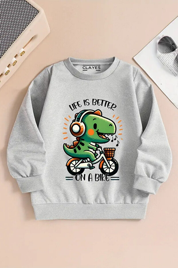 Children's Gray Crew Neck Sweatshirt – Cycling Dinosaur Printed, Thick Fabric with Embossing