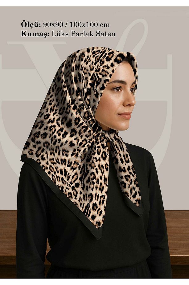 Leopar Desenli Saten Eşarp | Safari Beji Zemin | 90x90 - 100x100 cm | Lüks Parlak Saten - 1