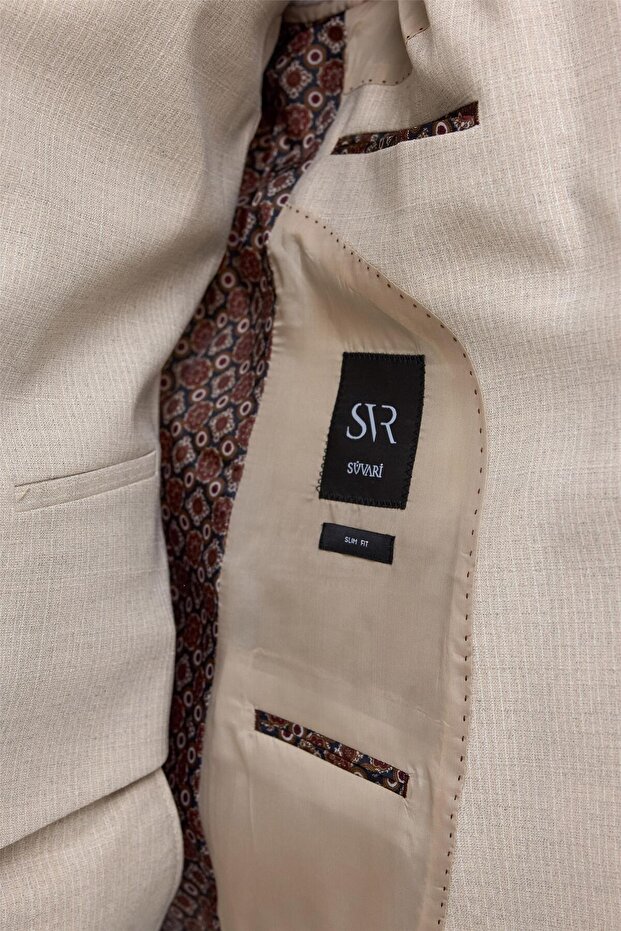 Süvari Dar Kesim 6 Drop Bej Yelekli Takım Elbise - 5