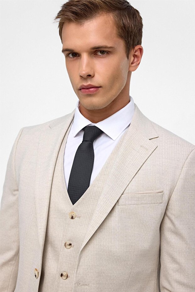 Süvari Dar Kesim 6 Drop Bej Yelekli Takım Elbise - 3