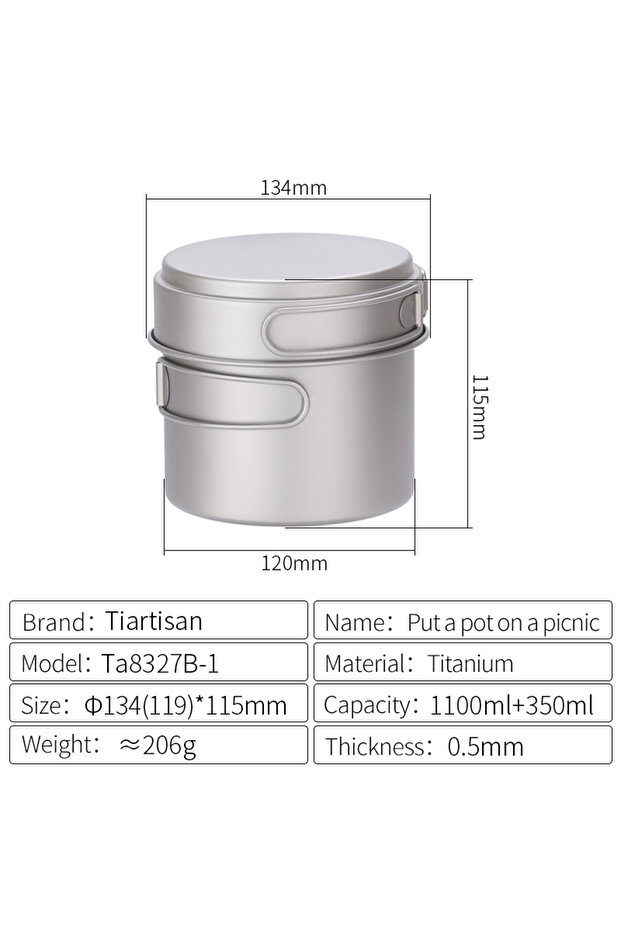 T-Ta8327BN-1 Tiartisan Titanium Folding Handle Camping Pot Frying Pan Set Lightweight Portable Cook