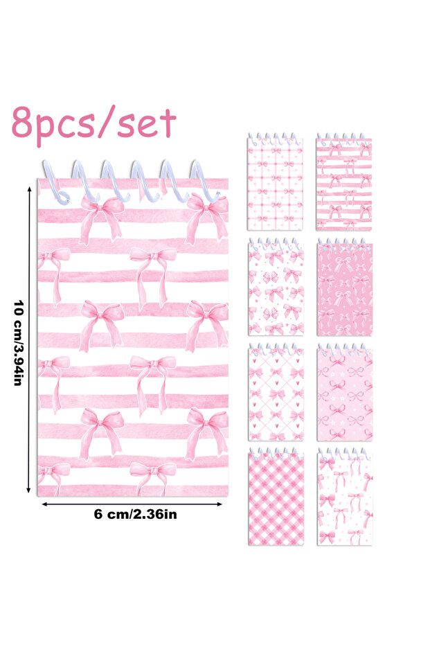 8pcs-XQ075 8pcs Pink Bowknot Theme Mini Spiral Pocket Notebooks Memo Pad Coil Booklet Notepads For O