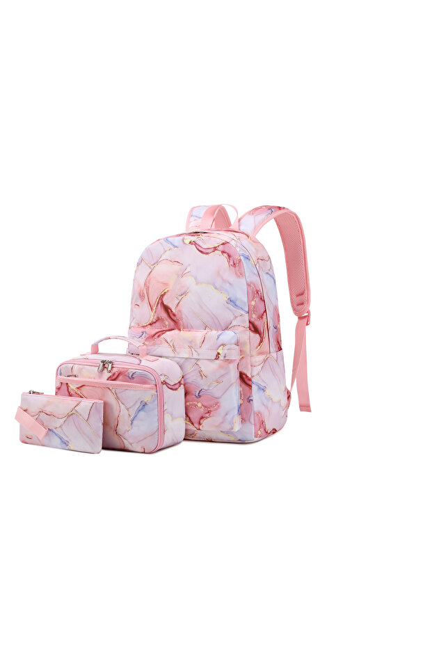 3-Piece Backpack Set for Kids, Lightweight Water-proof, School Bag Pink Marble