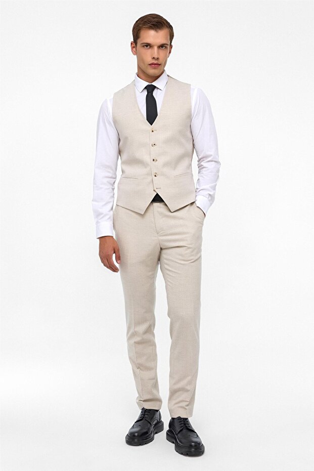 Süvari Dar Kesim 6 Drop Bej Yelekli Takım Elbise - 6