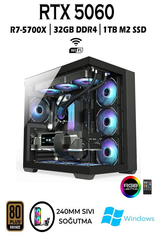 TCX1 Ryzen 7 5700X 32GB 1TB M.2 SSD RTX5060 27" 280HZ Sıvı Soğutmalı Oyuncu Bilgisayarı Hazır Sistem - 2