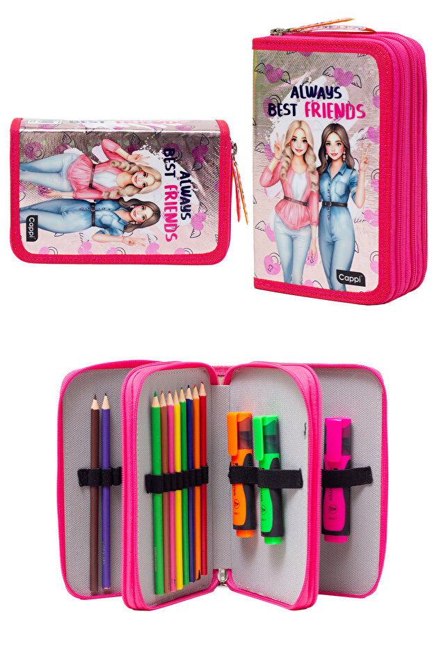 Pink Best Friends Patterned Pvc Three Compartment Girl's Organizer Pen Holder Pencil Case -Cp7002