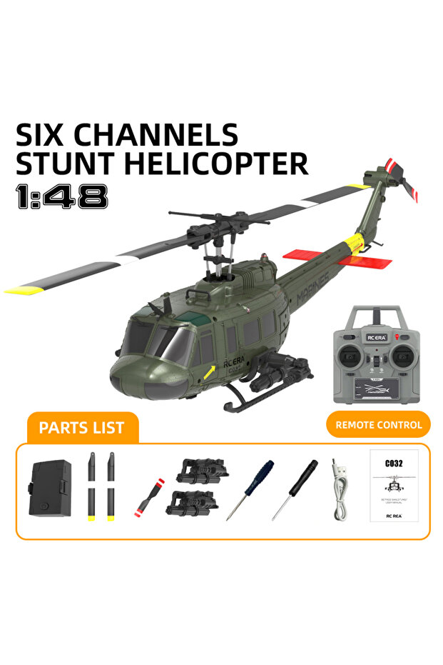 طائرة هليكوبتر RC بدون فرشاة C032 UH-1 خضراء مزودة بجيروسكوب سداسي المحاور بنقرة واحدة وقلب ثلاثي الأبعاد ووضع تدفق بصري