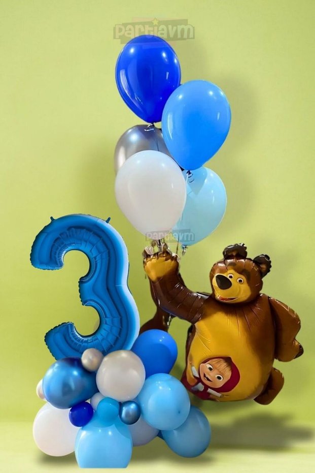 3 Year Old Masha and the Bear Blue Number Balloon Set Masha and the Bear Themed Birthday Balloon Set