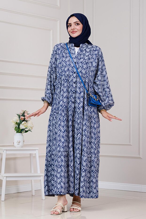 Geometric Half Button Robe Dress-Navy Blue