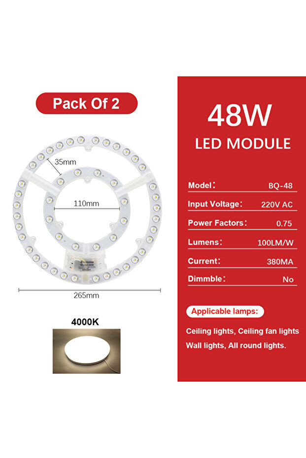 لوحة LED محايدة 48 واط، قطعتان، 220 فولت، وحدة إضاءة سقف بديلة LED، لوحة إضاءة دائرية 72 واط B