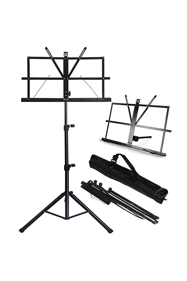 black Portable and Adjustable Stable Music Stand with Carrying Bag - Collapsible and Folding Metal M