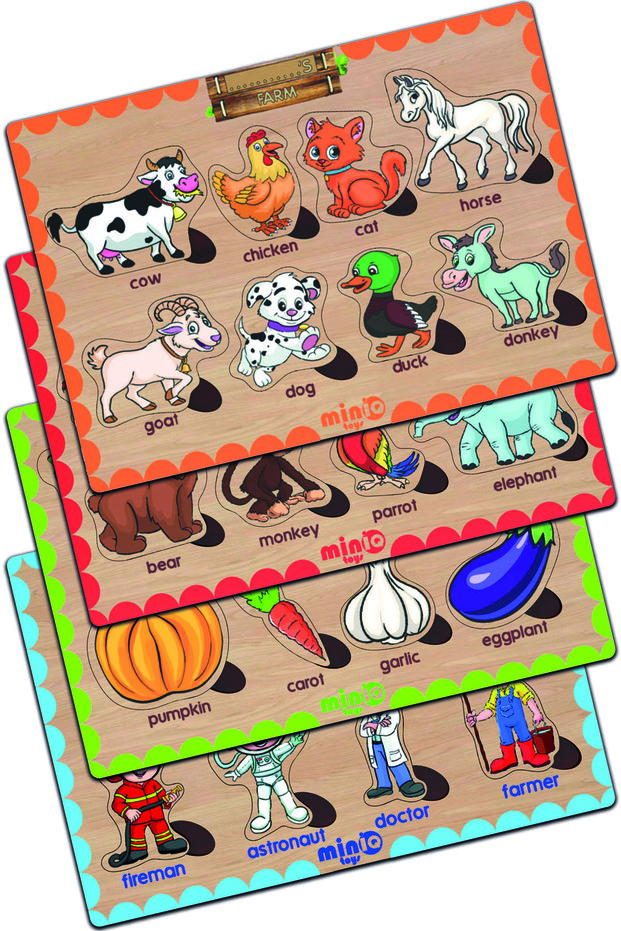 Wooden English Farm Animals-Wild Animals-Vegetables-Careers Set of 4 Educational-Pedagogical Puzzle
