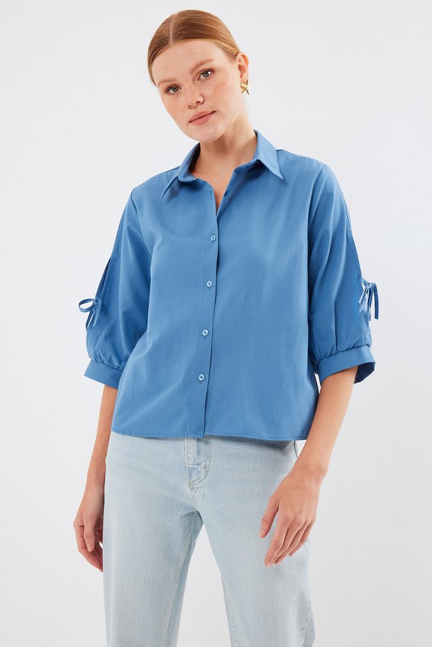 Women's Bow Detail Crop Shirt Indigo 1068