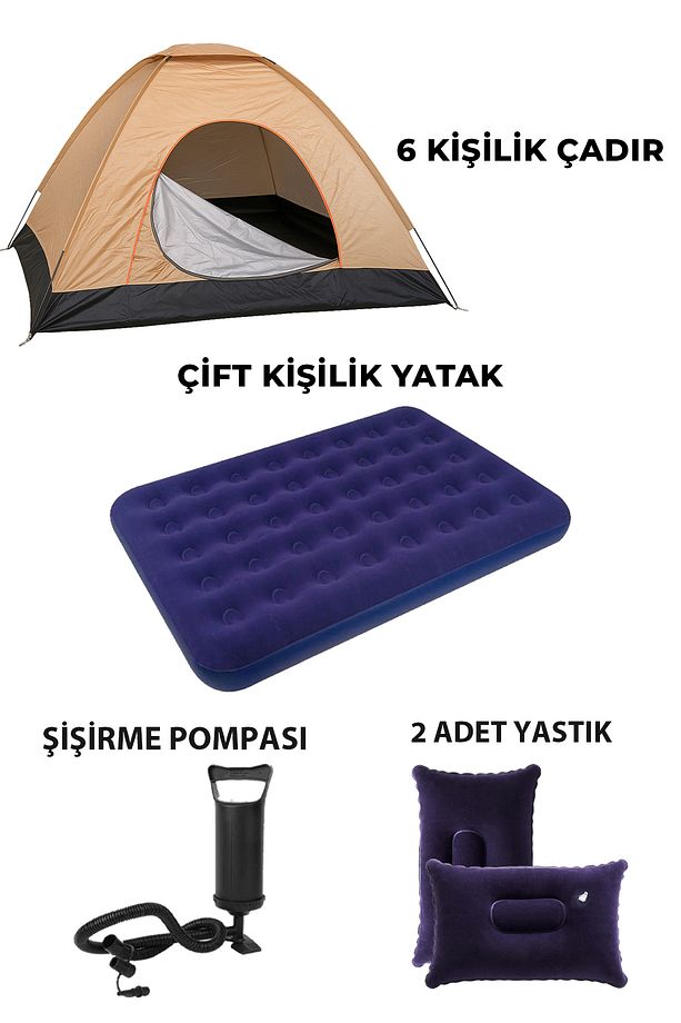 6 Kişilik Kamp Çadırı Çift Kişilik Yatak ve Yastık Kamp Seti - 1