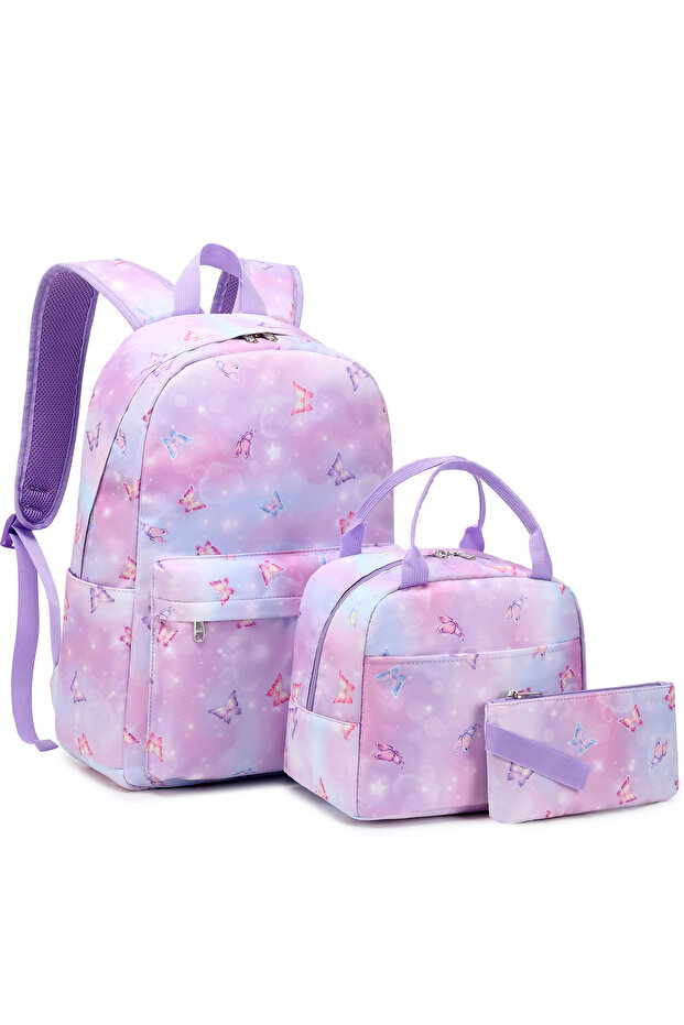 3-Piece Backpack Set for Kids, Lightweight Water-proof, School Bag Purple Butterfly