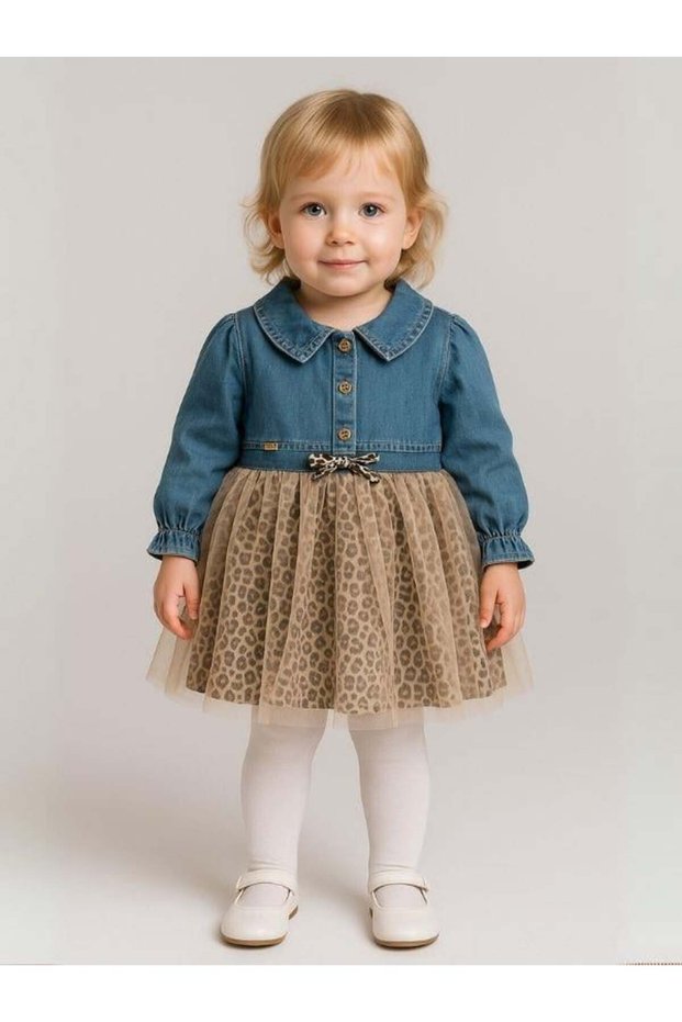 Baby Girl Leopard Patterned Tulle Denim Dress