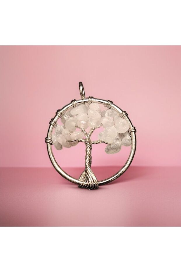 Aurastone Pink Quartz Natural Stone Tree of Life Steel Necklace