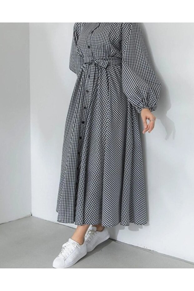 Gingham Pattern Hijab Dress - 4