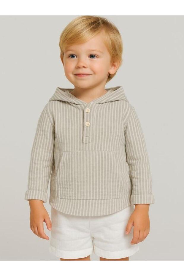Boy's Muslin Hooded Striped Kangaroo Pocket Shirt
