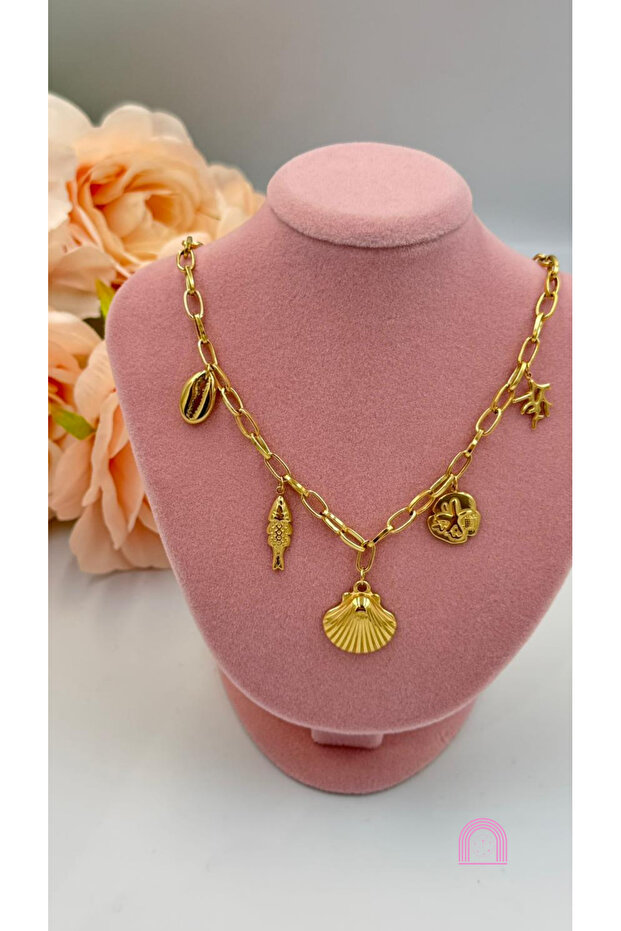 Çelik Charm Gold Kolye - 4