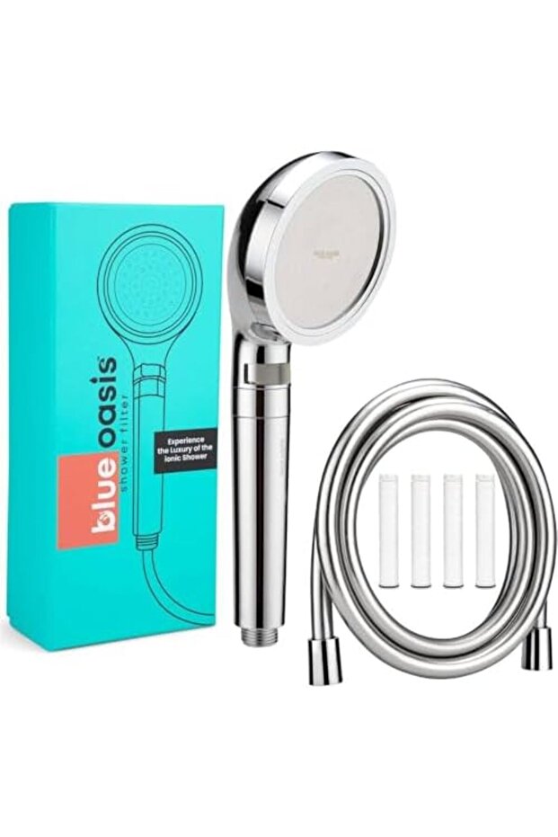Blue Oasis Ionic Shower Filter Bundle | Silver Cylindrical Filter + 4 Dual Cartridges & 2M Hose | TU