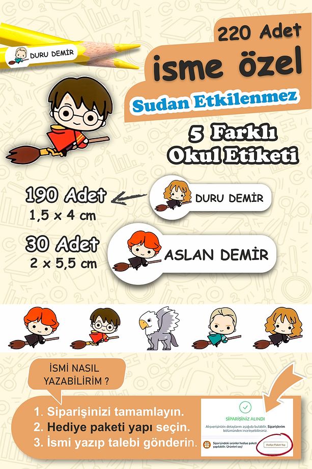 220 Adet İsme Özel Harry Potter Temalı Okul Etiketi - Kalem Defter Suluk Özel Kesimli Etiket Seti - 1