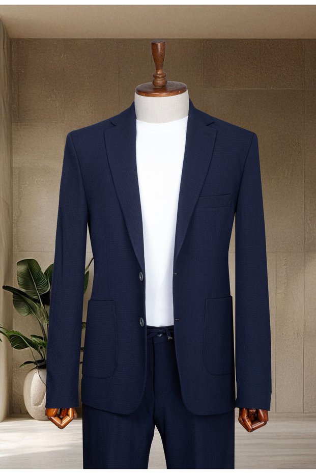 Navy Blue Elastic Waist Summer Casual and Stylish Suit Jacket Pants Set, Jogger Set