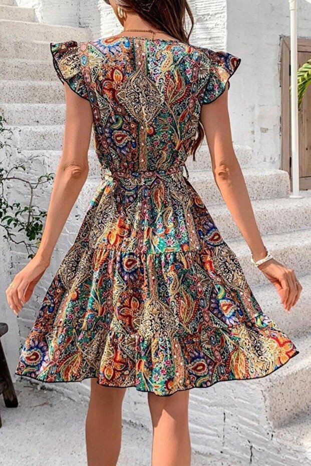 فستان سوليد بطبعة جيرسيه بياقة مزدوجة - منقوش - 3