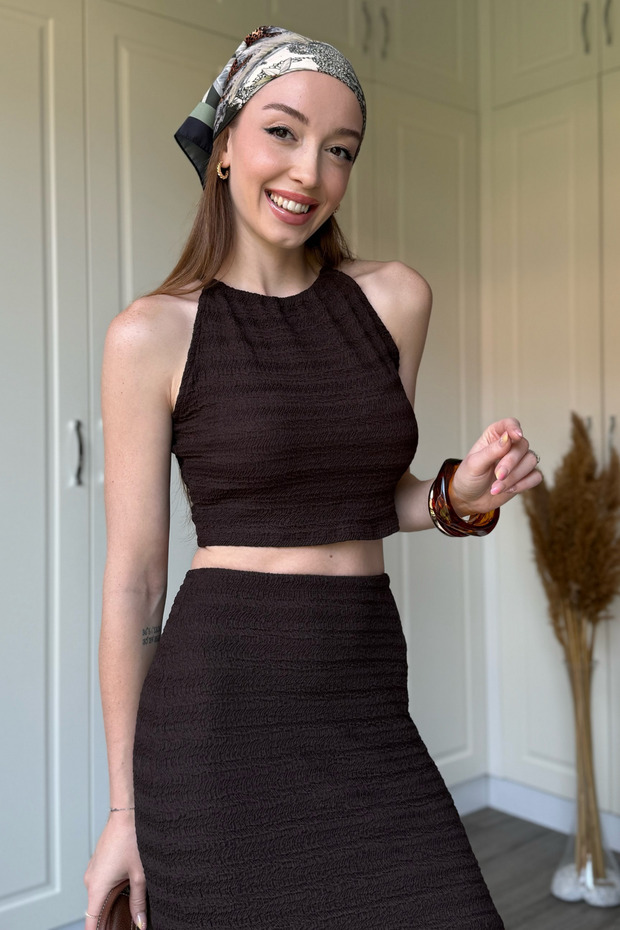 Brown Seersucker Skirt Suit with Tie-Up