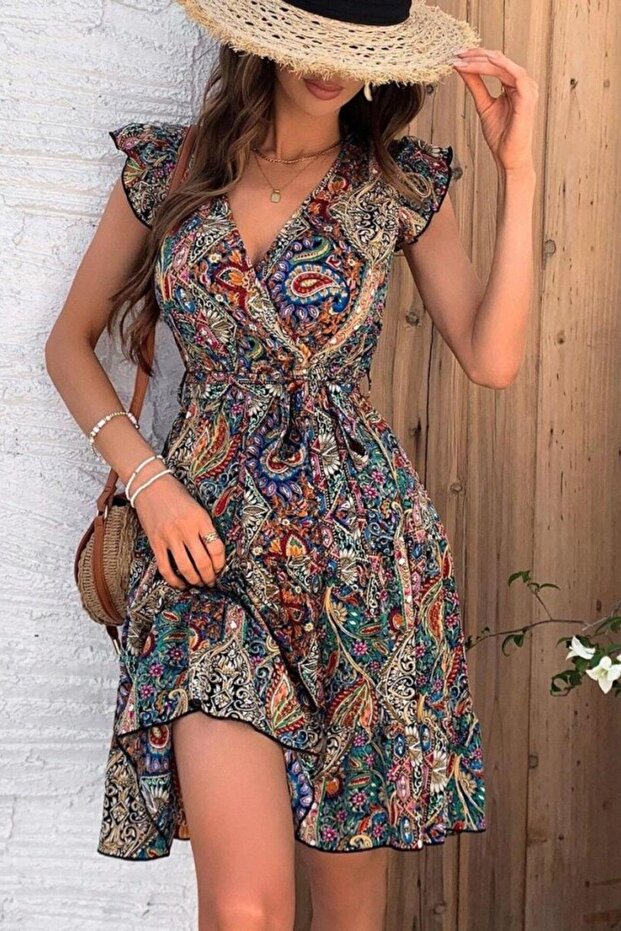 فستان سوليد بطبعة جيرسيه بياقة مزدوجة - منقوش - 1