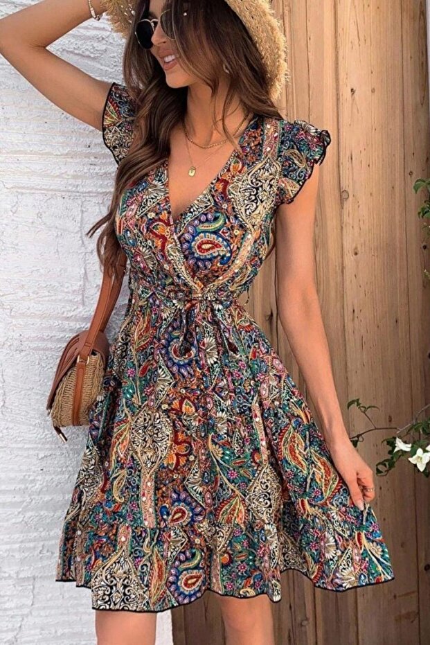 فستان سوليد بطبعة جيرسيه بياقة مزدوجة - منقوش - 2