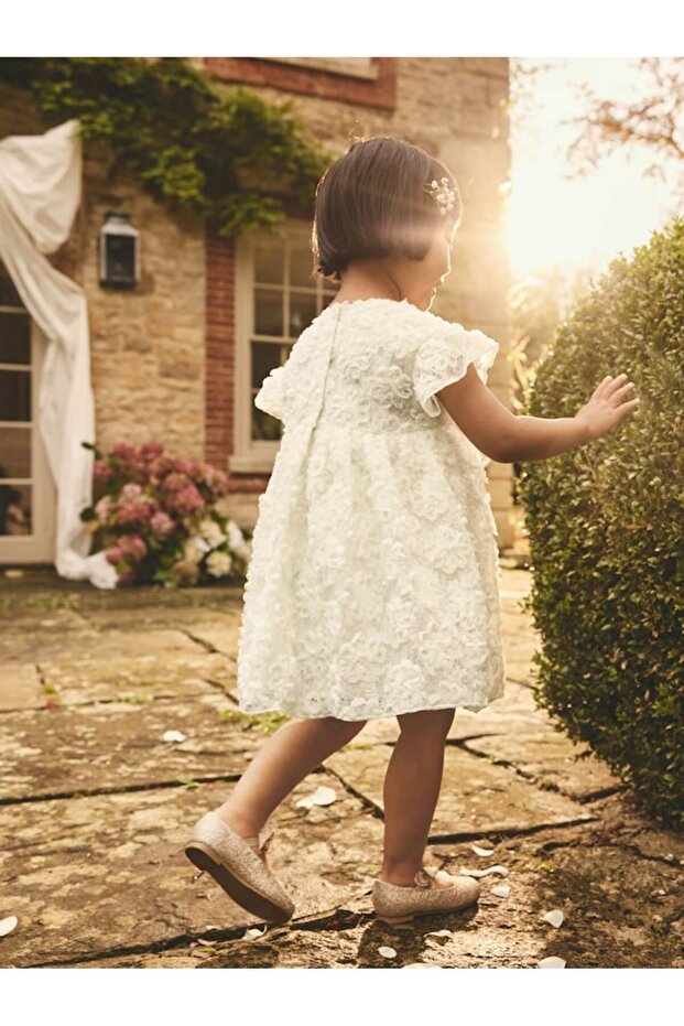 Ivory Short Sleeve 3D Patterned Dress - 2