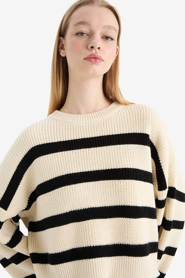 Coool Oversize Geniş Kalıp Bisiklet Yaka Çizgili Triko Kazak X4931AZ25WN - 4