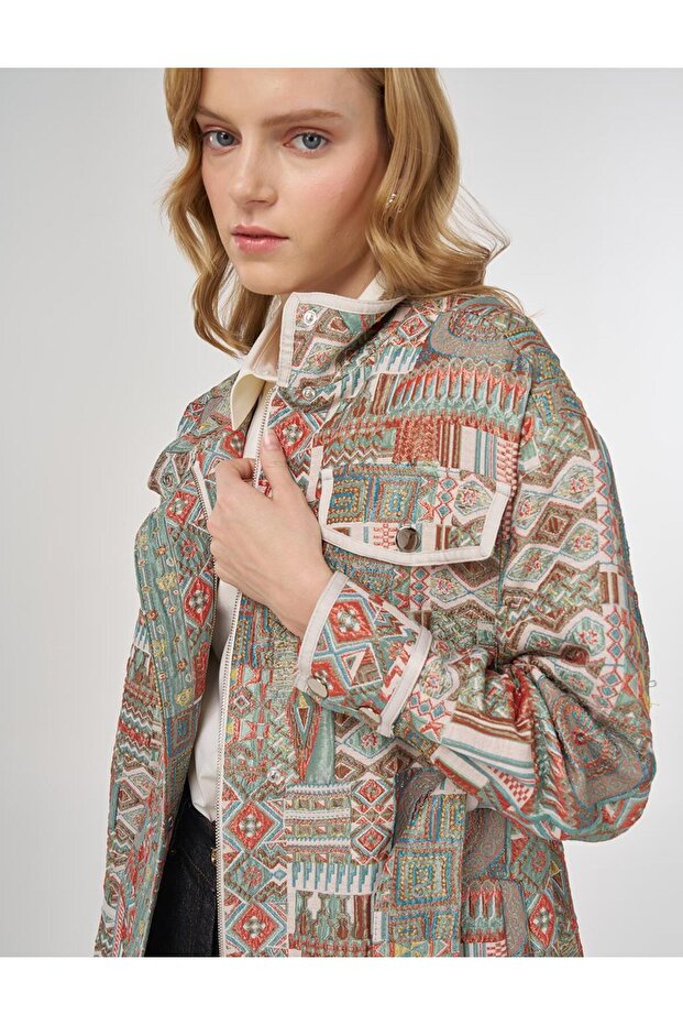 Patterned Stand Collar Jacket Mint - 7