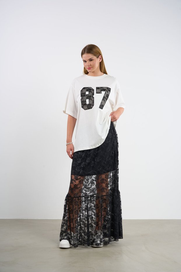 Lace Skirt and Printed T-Shirt Set | 44-50 | 25232