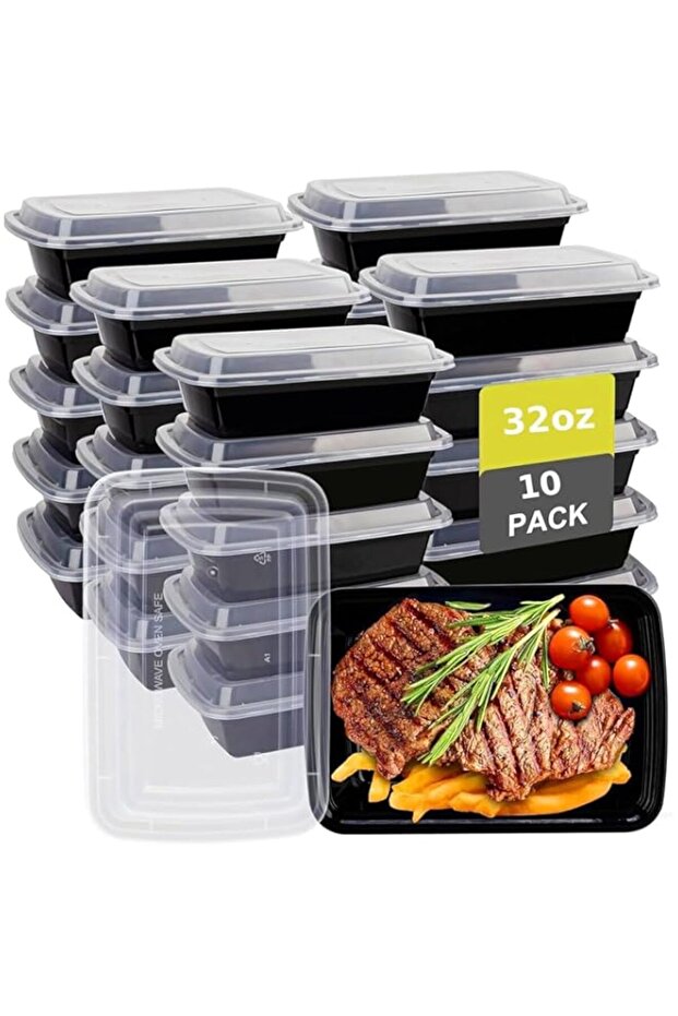 MOMENT 10 Pack Microwave Disposable Container with Lid Rectangular, 1 Compartment Meal Prep Plastic Take Away Containers Kitchen Food Storage for Adults Lunch Boxes 22x15x6cm