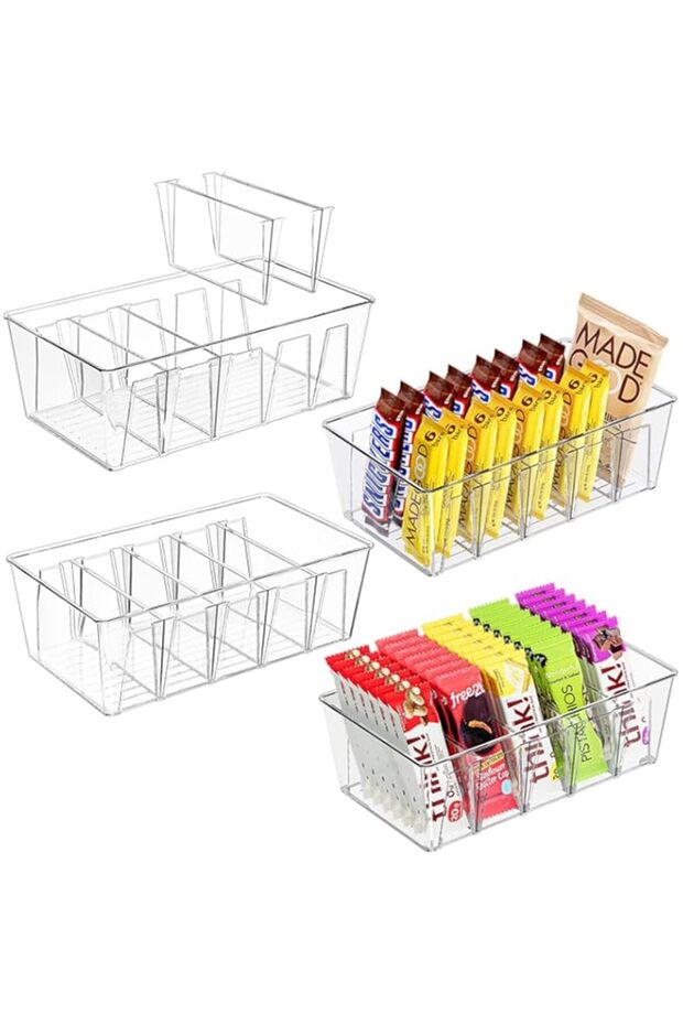 Puricon 4 Pack Pantry Organization and Storage Bins for Kitchen Fridge Countertop Cabinet, Stackable Clear Plastic Storage Containers with Removable Dividers, 5 Compartments for Food Snacks Spices