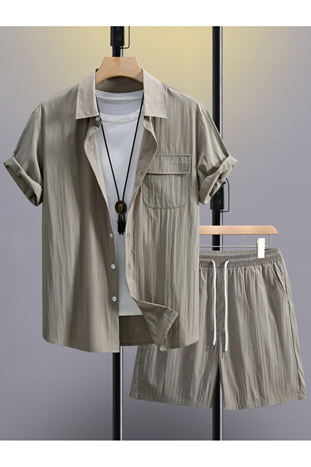 Men Beige Solid Pocket Detail Shirt and Shorts Co-Ords