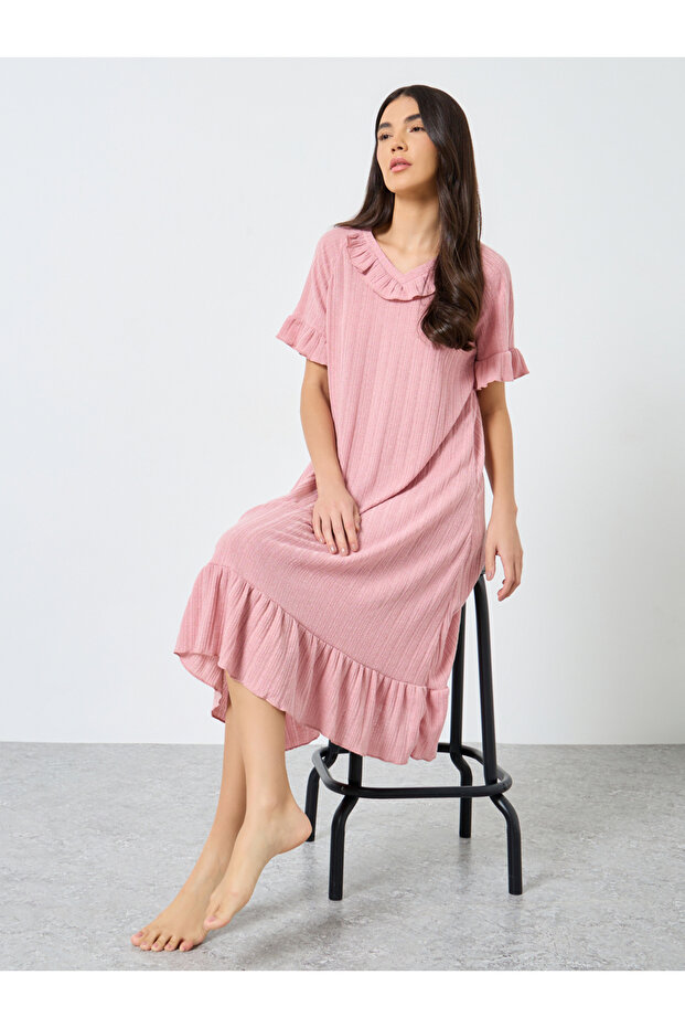 Ruffled V Neck Solid Nightdress - 1