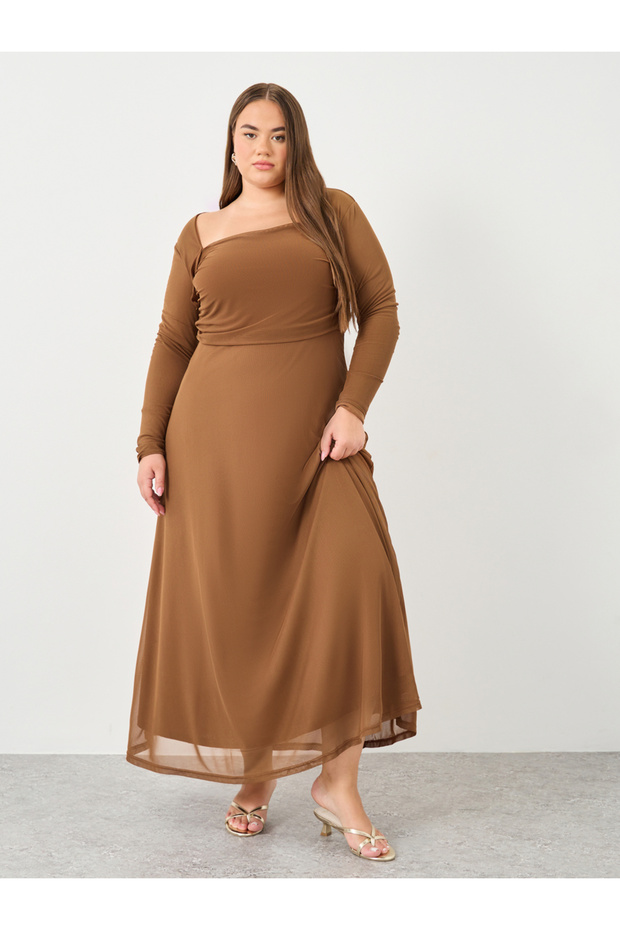 Plus Mesh Maxi Dress with Square Neck