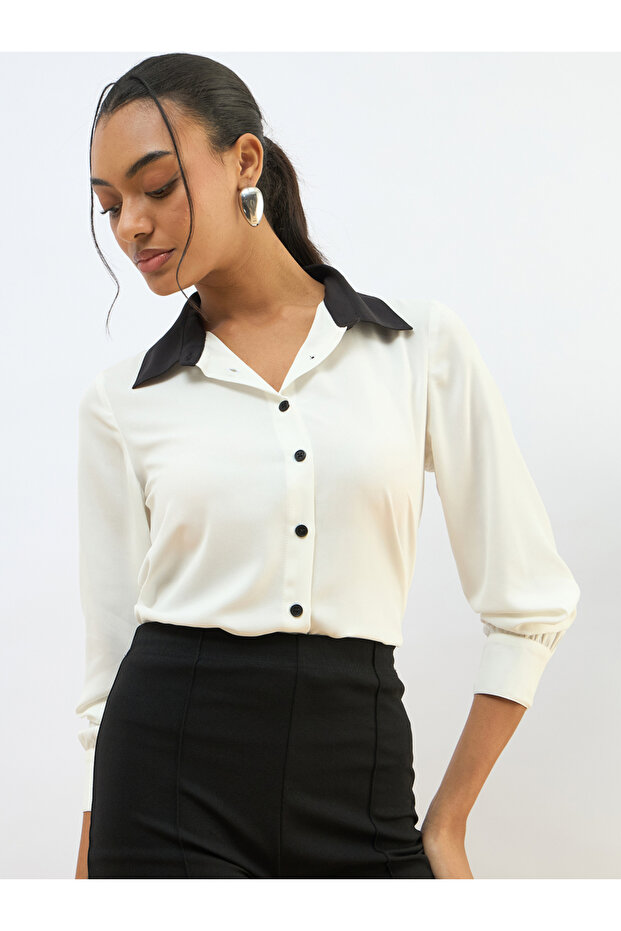 White Contrast Collar Regular Fit Buttoned Shirt
