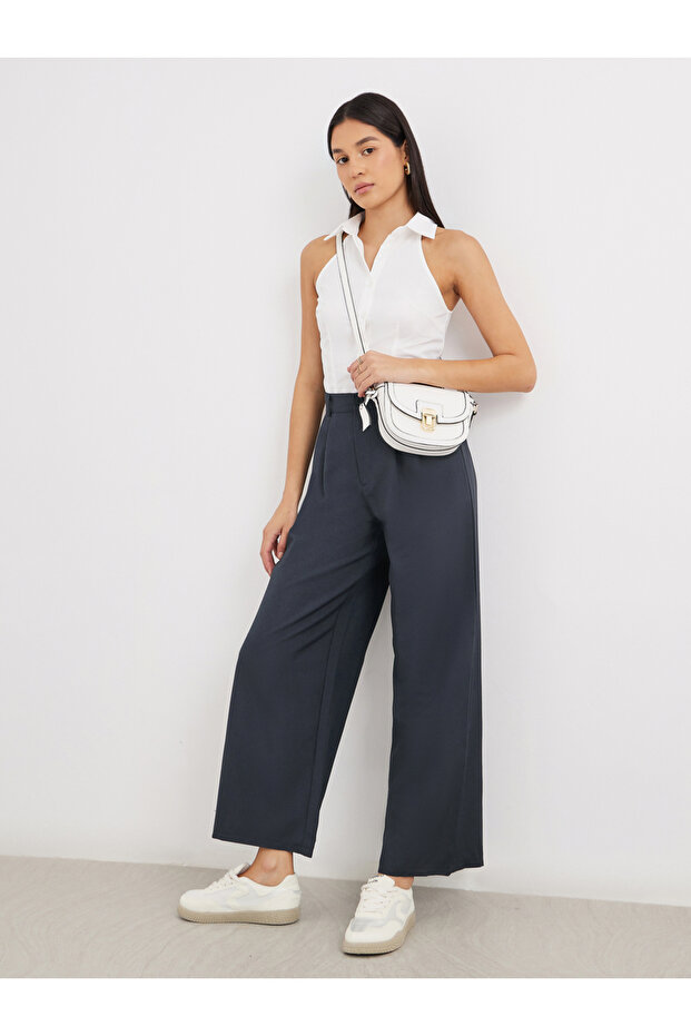 Solid Pleated Wide Leg Pants - 1
