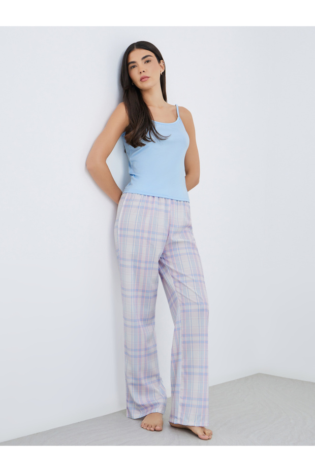 Solid Cami Top and Checked Pattern Pyjama Set - 1