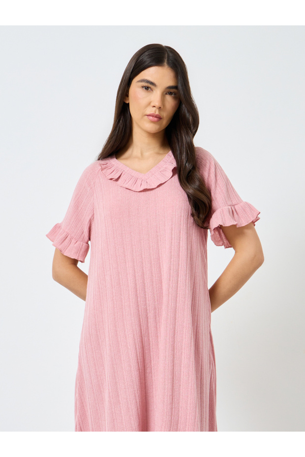 Ruffled V Neck Solid Nightdress - 3