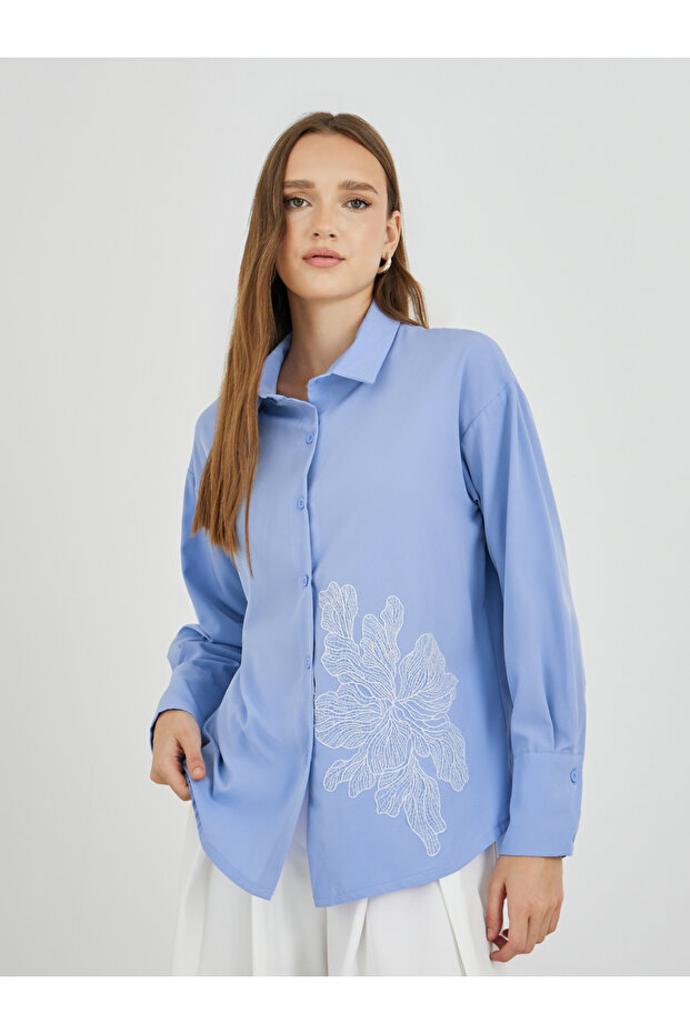 Floral Embroidered Long Sleeve Oversized Shirt