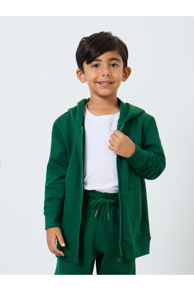 Green Cotton Full Zip Hoodie with Pocket