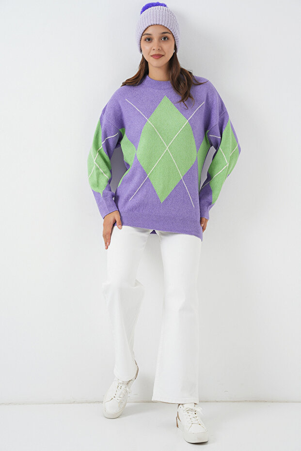15895 Baklava Desenli Oversize Triko Kazak - Lila - 2